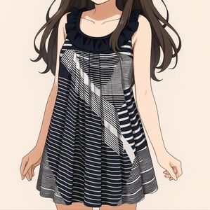 Japanese Dress Shift 8 Sustainable Cotton Animae Pleated Ruffled Abstract Design